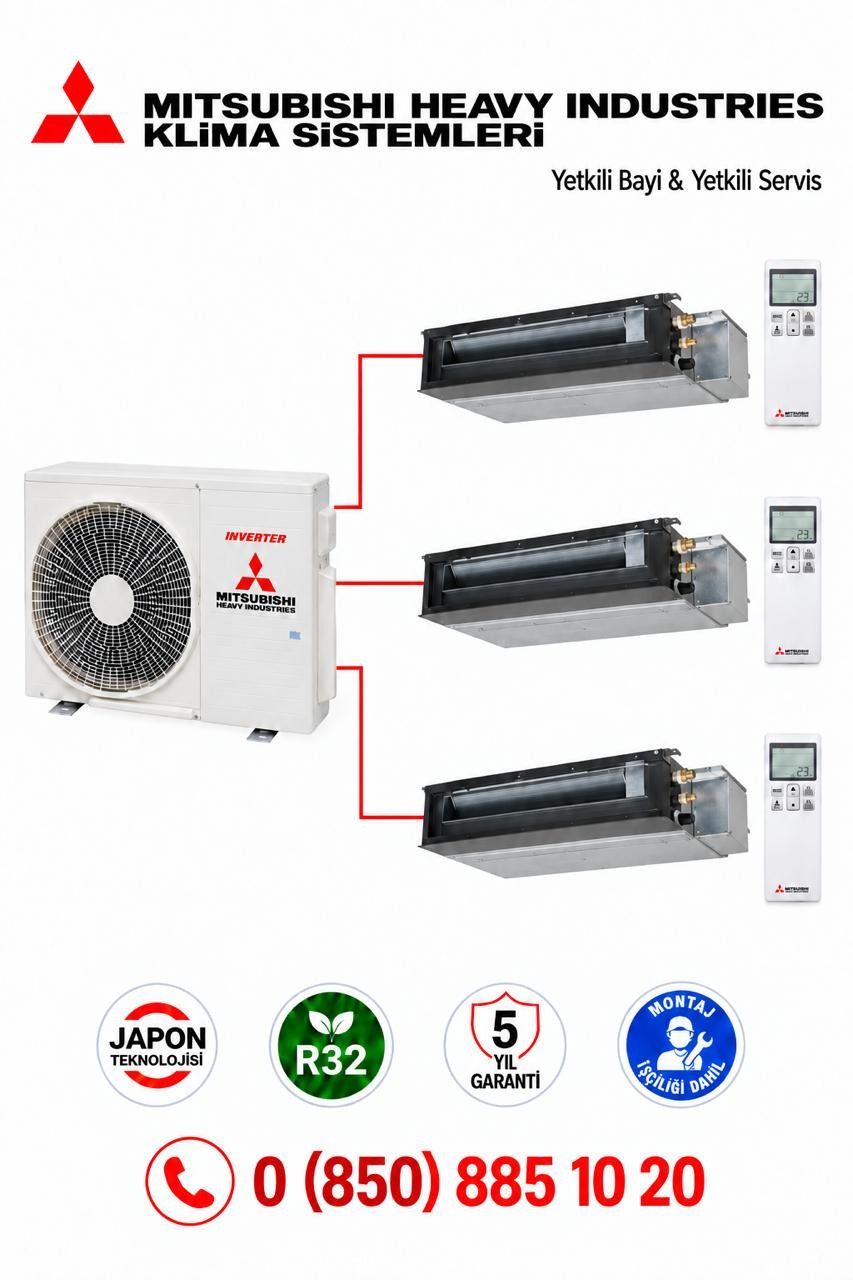 Mitsubishi Multi Kanallı Klima 3'lü (3 Oda)2x9000+20500 Btu