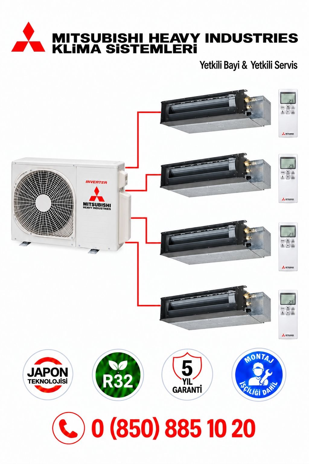 Mitsubishi Multi Kanallı Klima 4'lü (4 Oda)3x9000+18000 Btu